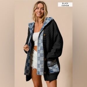 705. Washed Checker Denim Zip Up Sweater Cardigan black only